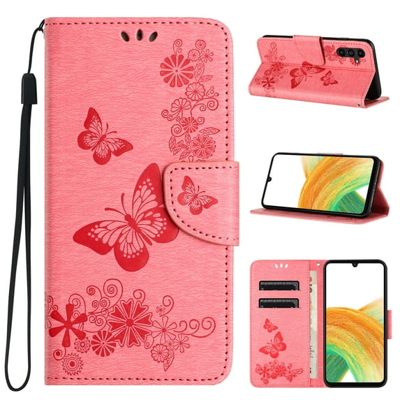 Feishell Wallet Case for Samsung Galaxy S24 Plus,Retro PU Leather Butterfly Embossed Pattern Full Protection Anti-Scratch Magnetic Clasp Flip Holder Card Slots & Cash Pocket Phone Cover,Pink