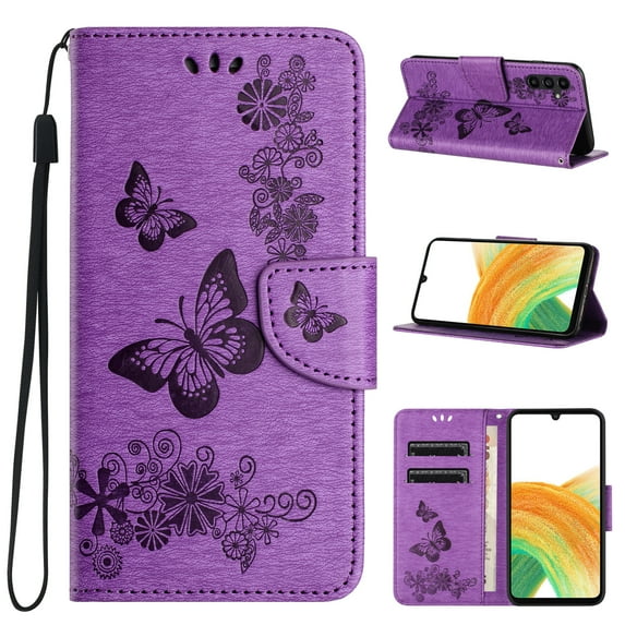 Feishell Wallet Case for Samsung Galaxy S24,Retro PU Leather Butterfly Embossed Pattern Full Protection Anti-Scratch Magnetic Clasp Flip Holder Card Slots & Cash Pocket Phone Cover,Purple