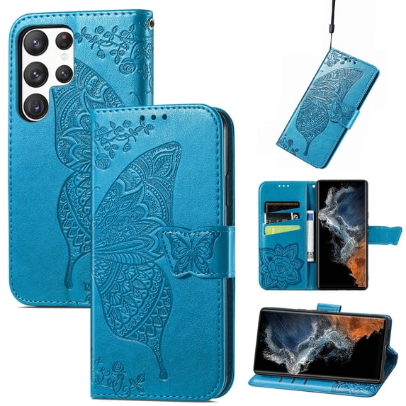 Feishell Wallet Case for Samsung Galaxy S24 Ultra 6.8 inch,Butterfly & Flower Embossed PU Leather TPU Inner Shell Magnetic Flip Stand Card Slots Shockproof Protective Phone Cover,Blue