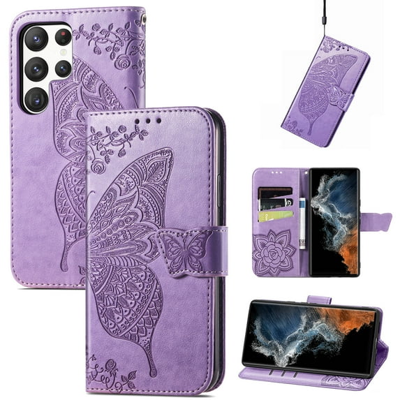 Feishell Wallet Case for Samsung Galaxy S24 Ultra 6.8 inch,Butterfly & Flower Embossed PU Leather TPU Inner Shell Magnetic Flip Stand Card Slots Shockproof Protective Phone Cover,Lightpurple