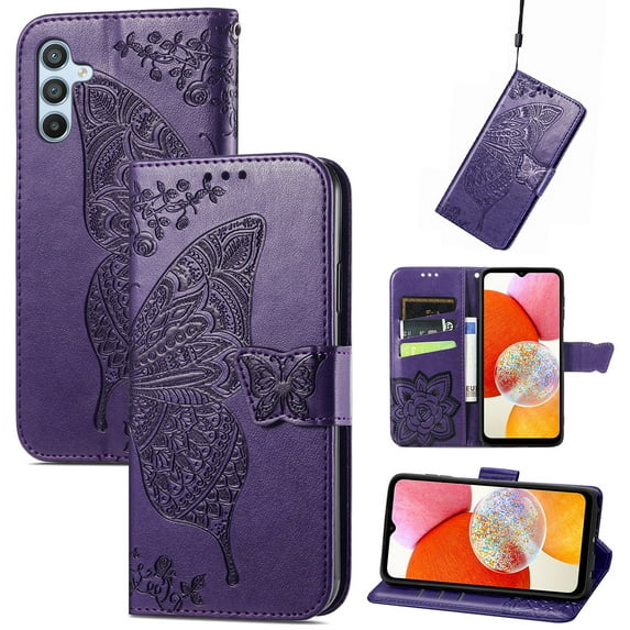 Feishell Wallet Case for Samsung Galaxy S25,Butterfly & Flower Embossed PU Leather TPU Inner Shell Magnetic Flip Stand Card Slots Shockproof Protective Phone Cover,Purple