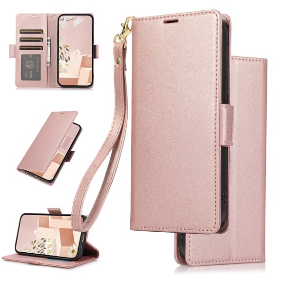 Feishell Wallet Case for Samsung Galaxy S25 Plus, Premium PU Leather Magnetic Closure Flip Kickstand Folio Case with RFID Blocking Credit Card Slots Shockproof Phone Cover with Wrist Strap,Rosegold