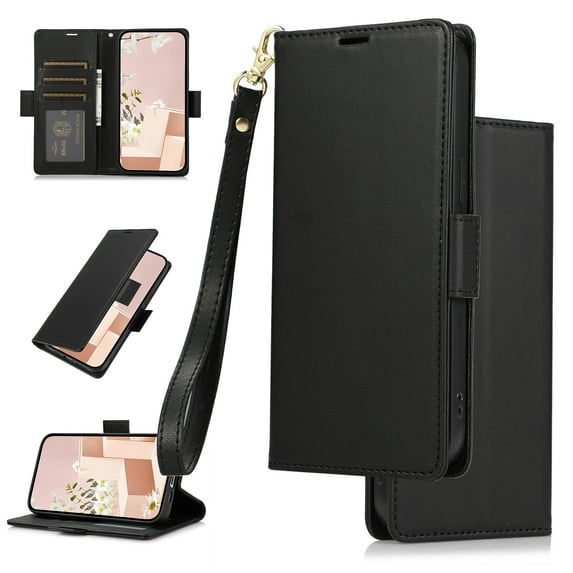 Feishell Wallet Case for Samsung Galaxy S25 Plus, Premium PU Leather Magnetic Closure Flip Kickstand Folio Case with RFID Blocking Credit Card Slots Shockproof Phone Cover with Wrist Strap,Black