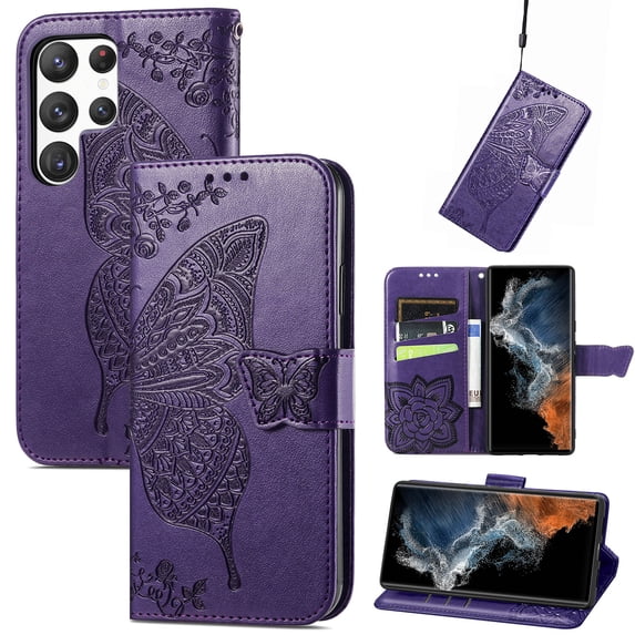 Feishell Wallet Case for Samsung Galaxy S25 Ultra,Butterfly & Flower Embossed PU Leather TPU Inner Shell Magnetic Flip Stand Card Slots Shockproof Protective Phone Cover,Purple