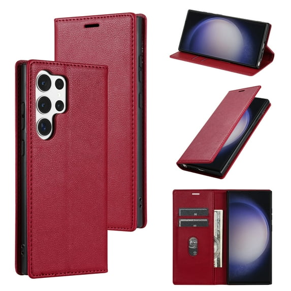 Feishell Wallet Case for Samsung Galaxy S25 Ultra, Premium PU Leather Magnetic Flip Kickstand Book Folio Full Body Case with RFID Blocking Credit Card Slots Shockproof Protective Phone Case,Red