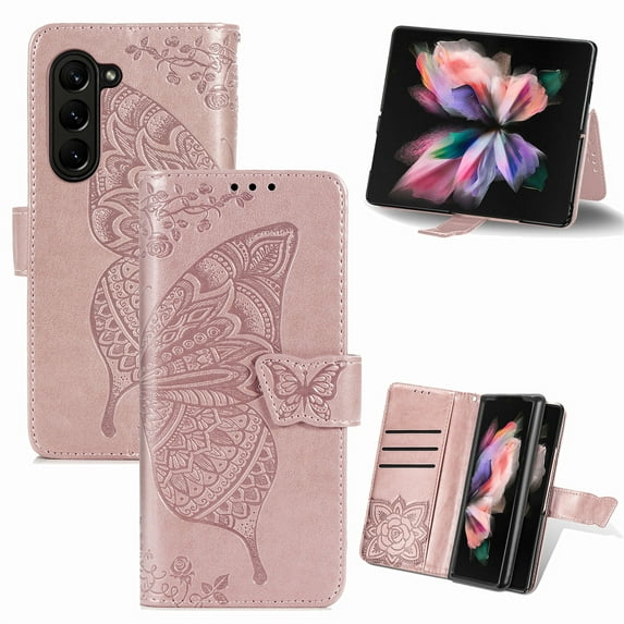 Feishell Wallet Case for Samsung Galaxy Z Fold 6 2024,Butterfly & Flower Embossed PU Leather PC Inner Shell Magnetic Flip Stand Card Slots Shockproof Protective Phone Cover,Rosegold