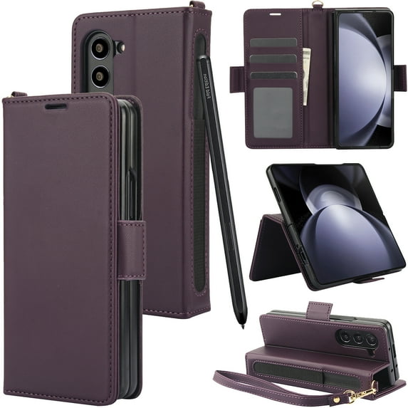 Feishell Wallet Case for Samsung Galaxy Z Fold 6, Premium PU Leather Magnetic Closure Flip Kickstand Folio Case with RFID Blocking Credit Card Slots Shockproof Phone Cover with Wrist Strap,Darkpurple