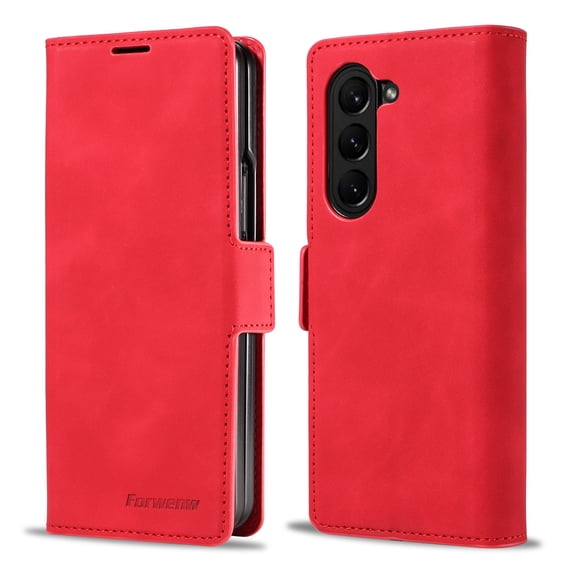 Feishell Wallet Case for Samsung Galaxy Z Fold 6,Shockproof Anti-Scratch Premium PU Leather Magnetic Clasp Flip Kickstand ID Credit Card Slots Slim Phone Case for Women Men,Red