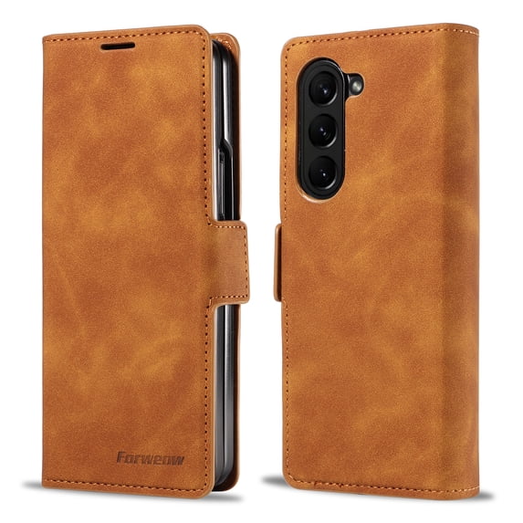 Feishell Wallet Case for Samsung Galaxy Z Fold 6,Shockproof Anti-Scratch Premium PU Leather Magnetic Clasp Flip Kickstand ID Credit Card Slots Slim Phone Case for Women Men,Brown