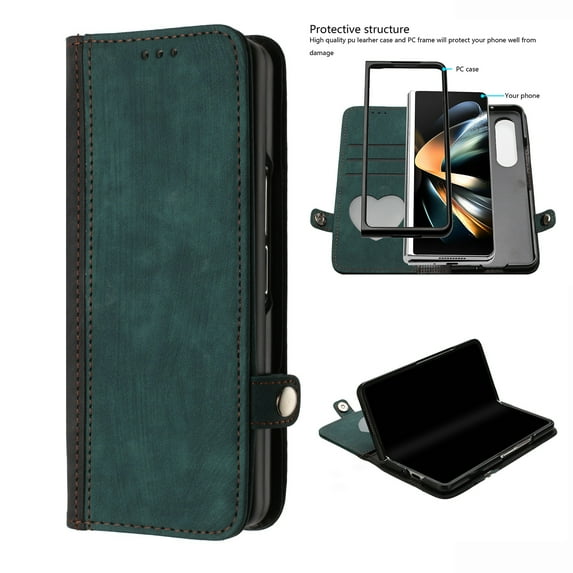 Feishell Wallet Case for Samsung Galaxy Z Fold3 (7.6 Inch) Premium Classic PU Leather Flip Case, Magnetic Clasp Rugged PC Shockproof Protective Cover with Cute Card Slots Case,Darkgreen