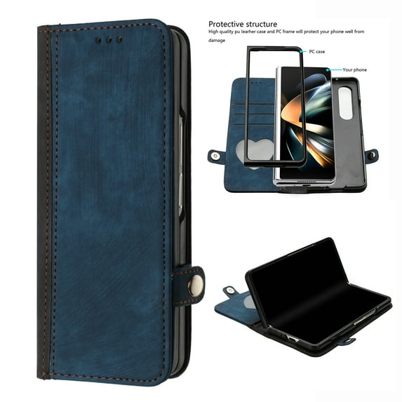 Feishell Wallet Case for Samsung Galaxy Z Fold3 (7.6 Inch) Premium Classic PU Leather Flip Folio Case, Magnetic Clasp Rugged PC Shockproof Protective Cover with Cute Card Slots Case,Blue
