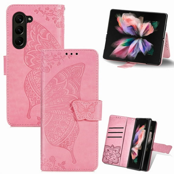 Feishell Wallet Case for Samsung Galaxy Z Fold5 2023,Butterfly & Flower Embossed PU Leather PC Inner Shell Magnetic Flip Stand Card Slots Shockproof Protective Phone Cover,Pink