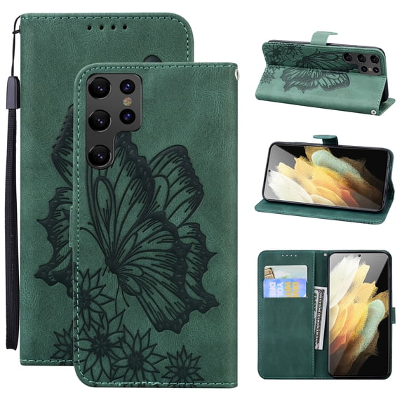 Feishell Wallet Case For Samsung S23 Ultra, Magnetic Folio Card Slots Holder Kickstand Premium PU Leather Butterfly Patterned Embossed with Wrist Strap Cover For Samsung Galaxy S23 Ultra, Green