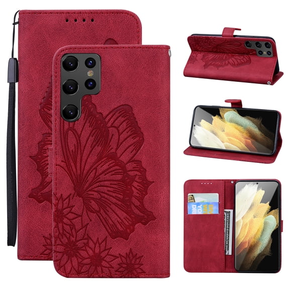 Feishell Wallet Case For Samsung S23 Ultra, Magnetic Folio Card Slots Holder Kickstand Premium PU Leather Butterfly Patterned Embossed with Wrist Strap Cover For Samsung Galaxy S23 Ultra, Red
