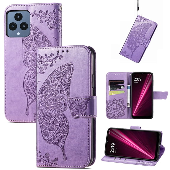 Feishell Wallet Case for T-Mobile REVVL 6,Butterfly & Flower Embossed PU Leather TPU Inner Shell Magnetic Flip Stand Card Slots Shockproof Protective Phone Cover,Lightpurple
