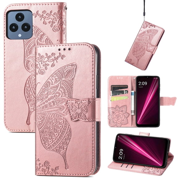 Feishell Wallet Case for T-Mobile REVVL 6,Butterfly & Flower Embossed PU Leather TPU Inner Shell Magnetic Flip Stand Card Slots Shockproof Protective Phone Cover,Rosegold