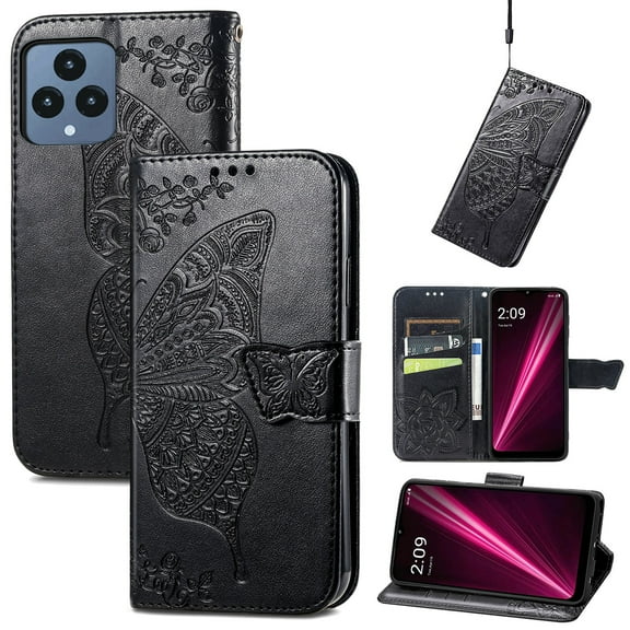Feishell Wallet Case for T-Mobile REVVL 6,Butterfly & Flower Embossed PU Leather TPU Inner Shell Magnetic Flip Stand Card Slots Shockproof Protective Phone Cover,Black