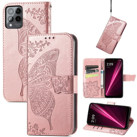 Feishell Wallet Case for T-Mobile REVVL 6 Pro,Butterfly & Flower Embossed PU Leather TPU Inner Shell Magnetic Flip Stand Card Slots Shockproof Protective Phone Cover,Rosegold