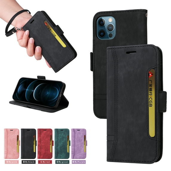 Feishell Wallet Case for iPhone 12, iPhone 12 Pro Case, Magnetic Protect PU Leather Flip Case Card Holders RFID Blocking Kickstand Protection with Strap Case for iPhone 12 / 12 Pro, Black