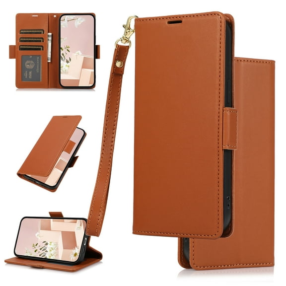 Feishell Wallet Case for iPhone 12 Pro / 12 6.1", Premium PU Leather Magnetic Closure Flip Kickstand Folio Case with RFID Blocking Credit Card Slots Shockproof Phone Cover with Wrist Strap,Brown