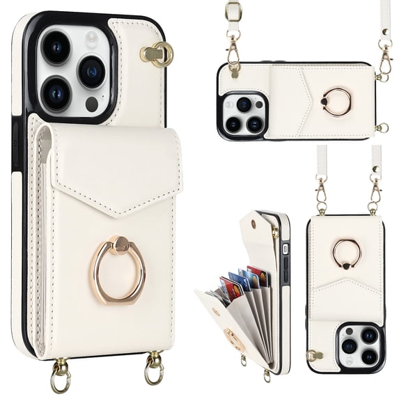 Feishell Wallet Case for iPhone 12 Pro Max, Luxury PU Leather RFID Blocking Back Card Slots Holder Magnetic Button Cover with Ring Holder Kickstand Crossbody Shoulder Strap Lanyard Case,White