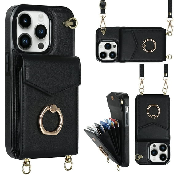Feishell Wallet Case for iPhone 12 Pro Max, Luxury PU Leather RFID Blocking Back Card Slots Holder Magnetic Button Cover with Ring Holder Kickstand Crossbody Shoulder Strap Lanyard Case,Black