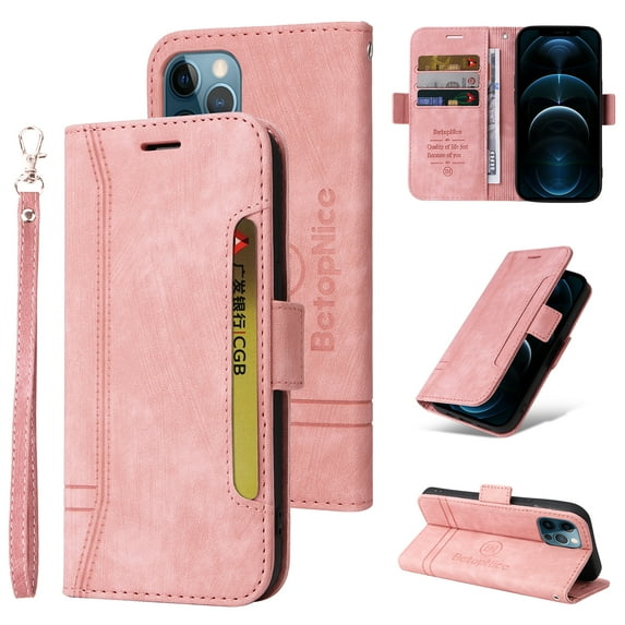 Feishell Wallet Case for iPhone 12 Pro Max, Magnetic Protect PU Leather Flip Case Card Holders RFID Blocking Kickstand Protection with Strap Case for iPhone 12 Pro Max, Pink