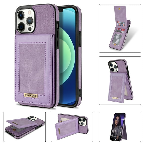 Feishell Wallet Case for iPhone 12, [RFID Blocking] Credit Card Holder Back Magnetic Buckle Luxury Premium PU Leather Purse Flip Kickstand Shockproof Cover For iPhone 12, Purple