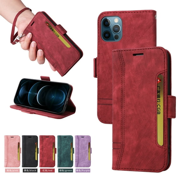 Feishell Wallet Case for iPhone 12, iPhone 12 Pro Case, Magnetic Protect PU Leather Flip Case Card Holders RFID Blocking Kickstand Protection with Strap Case for iPhone 12 / 12 Pro, Red