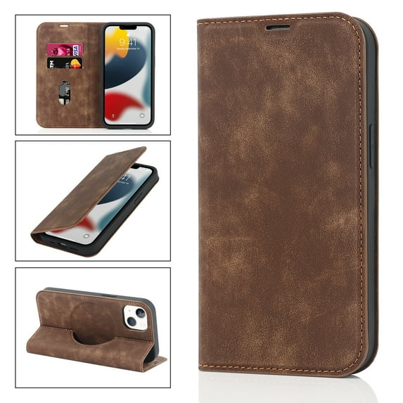 Feishell Wallet Case for iPhone 13,Built-in Magnet Compatible with Magsafe Charger,Premium PU Leather Magnetic Closure Flip Holder RFID Blocking Card Slots Anti-falling Phone Cover,Brown