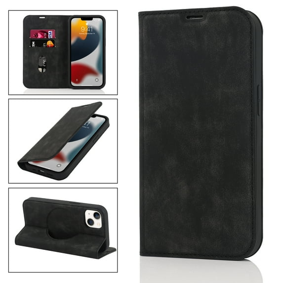 Feishell Wallet Case for iPhone 13,Built-in Magnet Compatible with Magsafe Charger,Premium PU Leather Magnetic Closure Flip Holder RFID Blocking Card Slots Anti-falling Phone Cover,Black