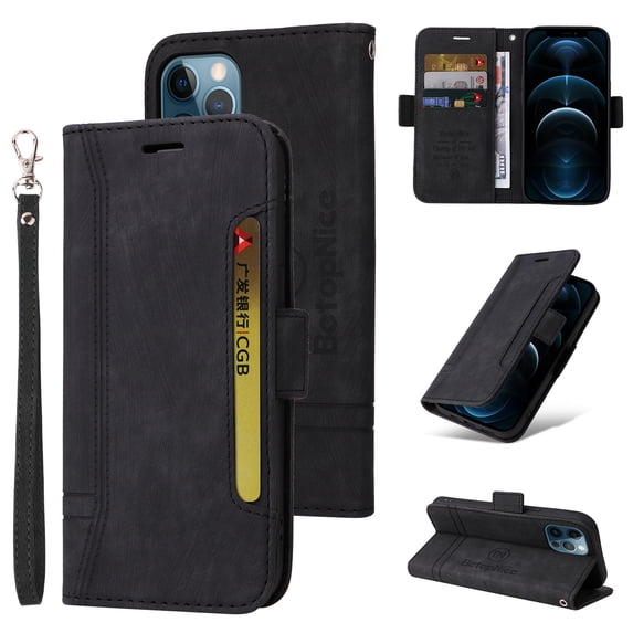 Feishell Wallet Case for iPhone 13, Magnetic Protect PU Leather Flip Case Card Holders RFID Blocking Kickstand Protection with Strap Case for iPhone 13, Black