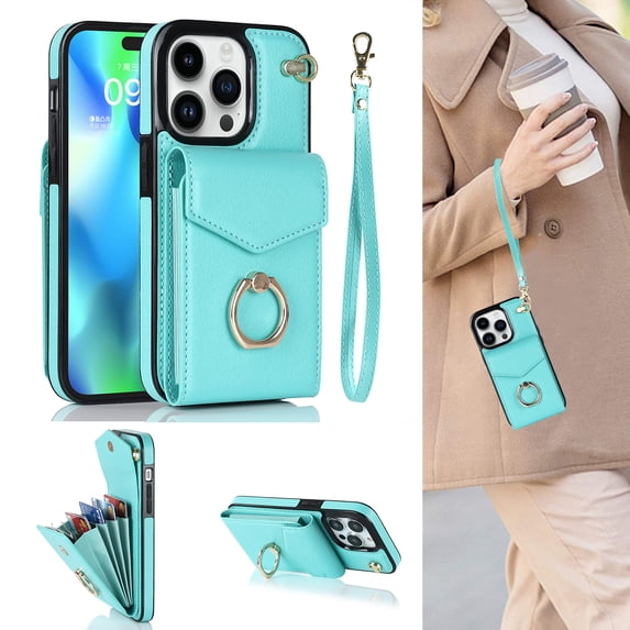 Feishell Wallet Case for iPhone 13 Pro, Finger Ring Holder Kickstand Luxury PU Leather Shockproof Magnetic Slim RFID Blocking Cover Card Slots Detachable Wrist Strap Handbag Case,Mint