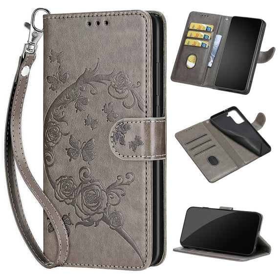 Feishell Wallet Case for iPhone 13 Pro Max, Premium Embossed PU Leather Flip Cover with Card Holder Kickstand Wrist Strap, Full Body Shockproof Phone Protection Case for iPhone 13 Pro Max, S3grey