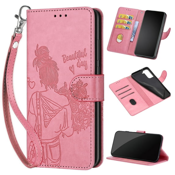 Feishell Wallet Case for iPhone 13 Pro, Premium Embossed PU Leather Flip Cover with Card Holder Kickstand Wrist Strap, Full Body Shockproof Phone Protection Case for iPhone 13 Pro, S5pink