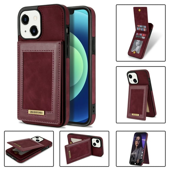 Feishell Wallet Case for iPhone 13 mini, [RFID Blocking] Credit Card Holder Back Magnetic Buckle Luxury Premium PU Leather Purse Flip Kickstand Shockproof Cover For iPhone 13 mini, Winered