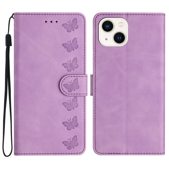 Feishell Wallet Case for iPhone 14, 7 Butterflies Pattern PU Leather Strap Flip Cover with Card Slots Holder Kickstand Magnetic Clasp, TPU Shockproof Case for iPhone 14, Purple