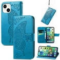 thumbnail image 1 of Feishell Wallet Case for iPhone 14 Plus 6.7 inch,Butterfly & Flower Embossed PU Leather TPU Inner Shell Magnetic Flip Stand Card Slots Shockproof Protective Phone Cover,Blue, 1 of 7