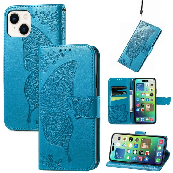 Feishell Wallet Case for iPhone 14 Plus 6.7 inch,Butterfly & Flower Embossed PU Leather TPU Inner Shell Magnetic Flip Stand Card Slots Shockproof Protective Phone Cover,Blue
