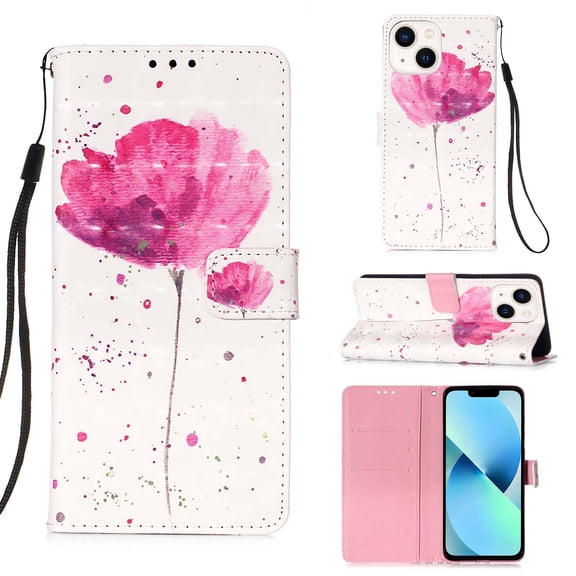 Feishell Wallet Case for iPhone 14 Plus 6.7 inch,Shockproof Colorful Painted Pattern PU Leather Magnetic Clasp Flip Kickstand ID Credit Card Slots Slim Fit Phone Case Cover,Pink Flower