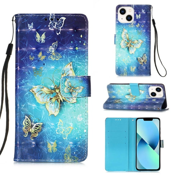 Feishell Wallet Case for iPhone 14 Plus 6.7 inch,Shockproof Colorful Painted Pattern PU Leather Magnetic Clasp Flip Kickstand ID Credit Card Slots Slim Fit Phone Case Cover,Golden Butterfly