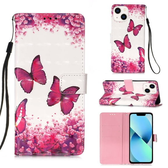 Feishell Wallet Case for iPhone 14 Plus 6.7 inch,Shockproof Colorful Painted Pattern PU Leather Magnetic Clasp Flip Kickstand ID Credit Card Slots Slim Fit Phone Case Cover,Rose Butterfly