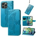 thumbnail image 1 of Feishell Wallet Case for iPhone 14 Pro 6.1 inch,Butterfly & Flower Embossed PU Leather TPU Inner Shell Magnetic Flip Stand Card Slots Shockproof Protective Phone Cover,Blue, 1 of 7