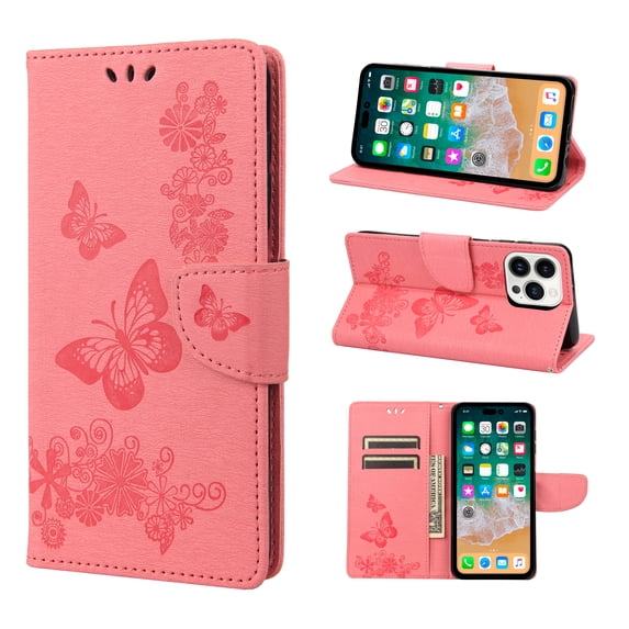 Feishell Wallet Case for iPhone 14 Pro,Retro PU Leather Butterfly Embossed Pattern Full Protection Anti-Scratch Shockproof Magnetic Clasp Flip Holder Card Slots & Cash Pocket Phone Cover,Pink
