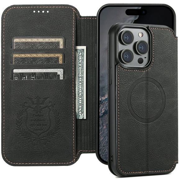 Feishell Wallet Case for iPhone 15,Compatible with MagSafe Wireless Charging,Retro PU Leather Magnetic Closure Folio Flip Stand Credit Card Slots Shockproof Slim Phone Case,Black