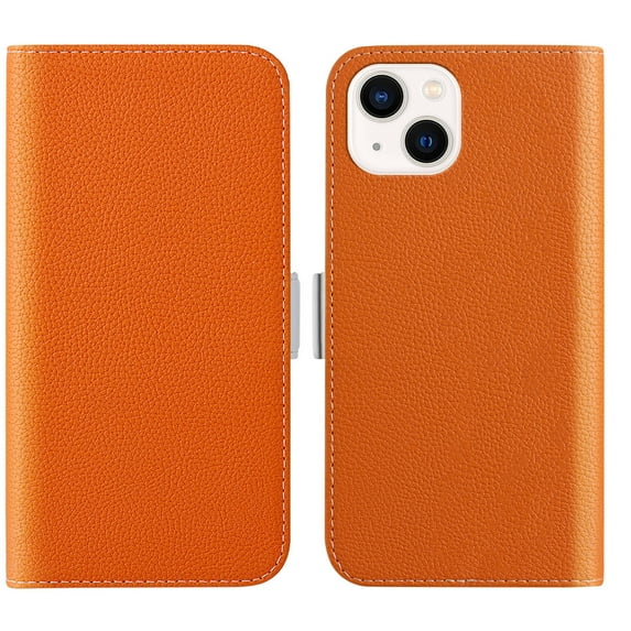 Feishell Wallet Case for iPhone 15,Lychee Texture PU Leather Candy Color Shockproof Protective Magnetic Flip Holder Anti-Scratch Phone Cover with Credit Card Slots & Cash Pocket,Orange