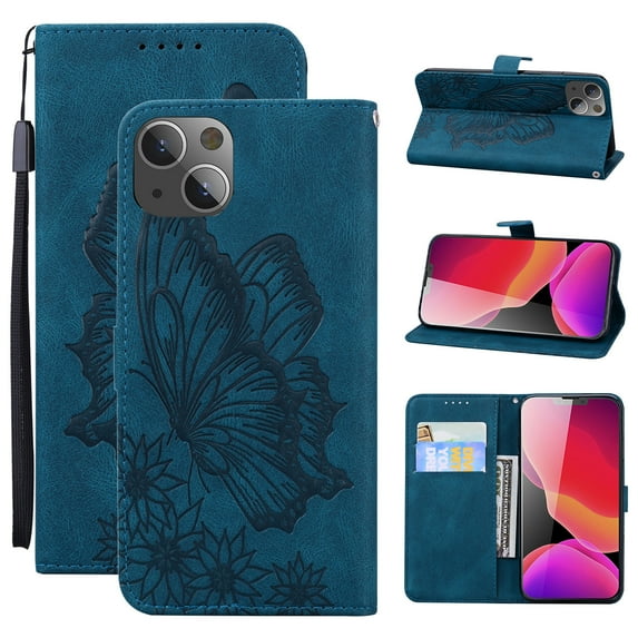 Feishell Wallet Case For iPhone 15, Magnetic Folio Card Slots Holder Kickstand Premium PU Leather Butterfly Patterned Embossed with Wrist Strap Cover For iPhone 15,Blue