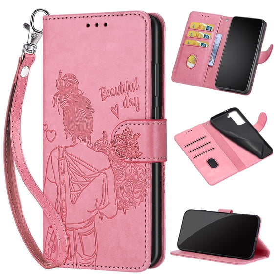 Feishell Wallet Case for iPhone 15 Plus, Premium Embossed PU Leather Flip Cover with Card Holder Kickstand Wrist Strap, Full Body Shockproof Phone Protection Case for iPhone 15 Plus, S5pink