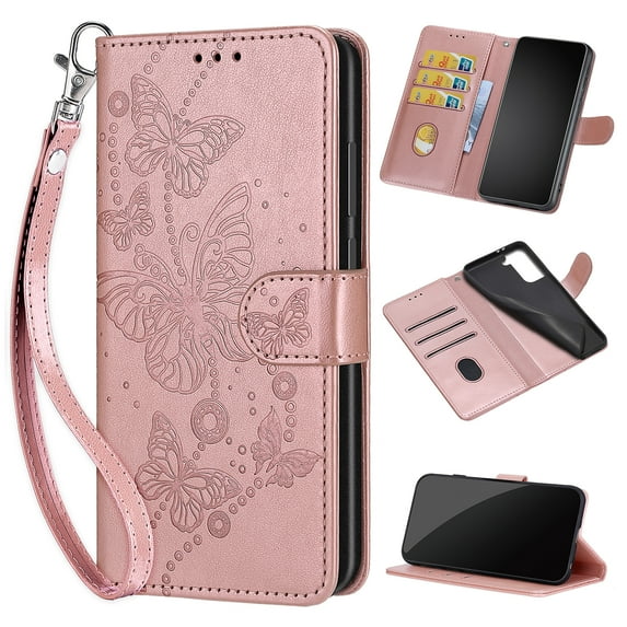 Feishell Wallet Case for iPhone 15 Plus, Premium Embossed PU Leather Flip Cover with Card Holder Kickstand Wrist Strap, Full Body Shockproof Phone Protection Case for iPhone 15 Plus, S4rosegold
