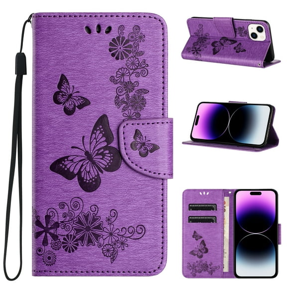 Feishell Wallet Case for iPhone 15 Plus,Retro PU Leather Butterfly Embossed Pattern Full Protection Anti-Scratch Magnetic Clasp Flip Holder Card Slots & Cash Pocket Phone Cover,Purple